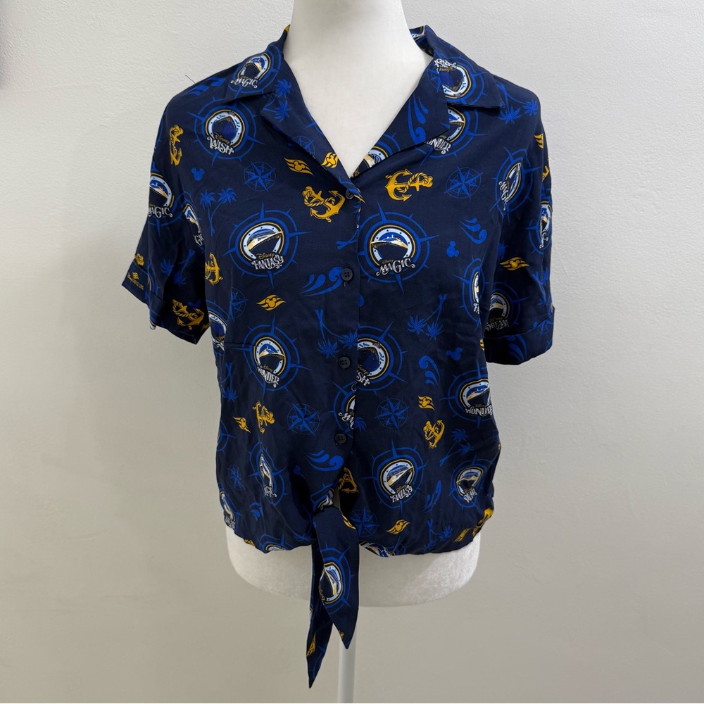 Disney Cruise Line Navy & Gold Front Tie Button Down Women Shirt Size Small NWT